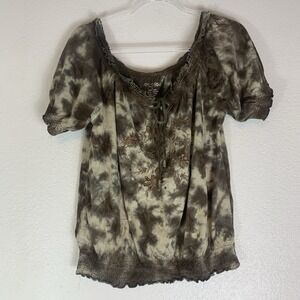RXB Top Womens Large Petite Embroidered Embellished Goblin Forest Grunge Boho LP